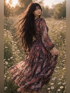 Shades of Autumn sheer floaty boho floral printed overlay layering maxi dress